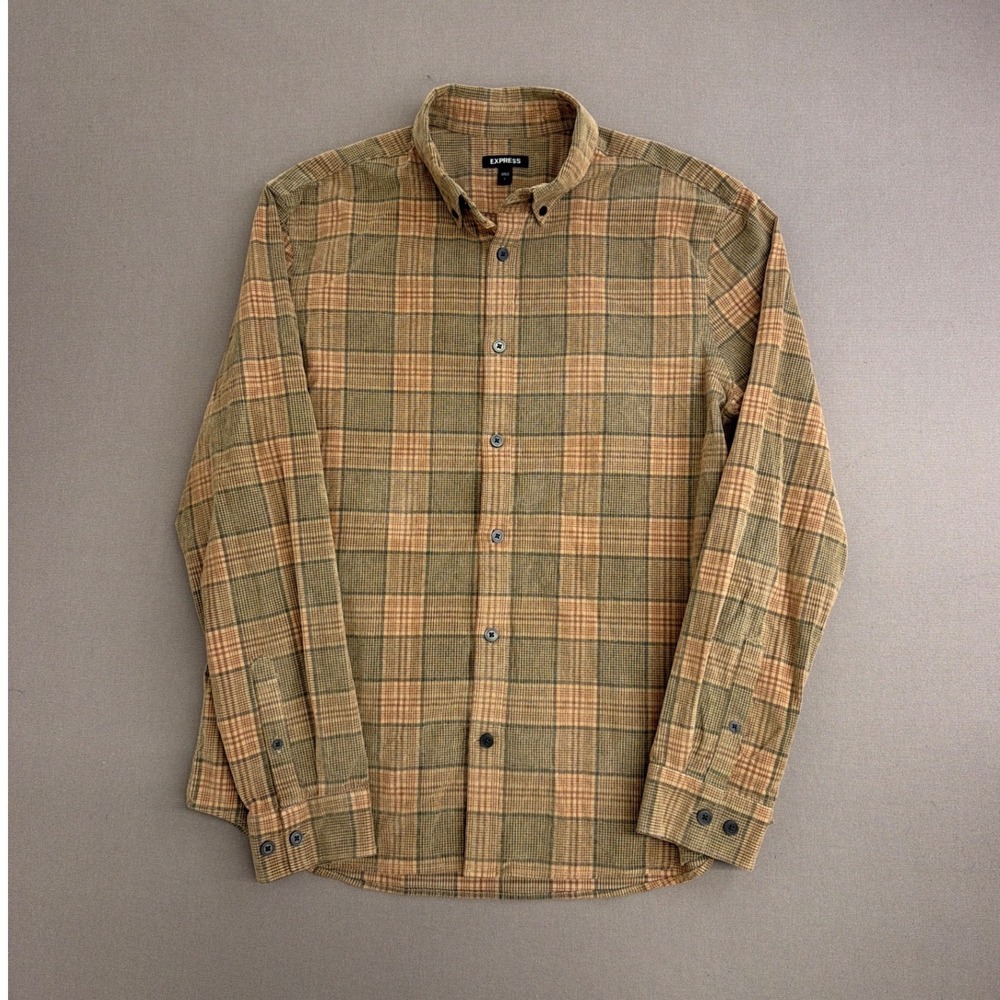 Express Mens Corduroy Plaid Button Down Shirt Tan Green Brown Large Long Sleeve